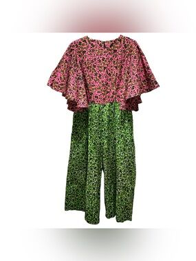 Davida Jumpsuit Pink/Green Floral Angel Cape Sleeves Pockets Sz M Ankara African